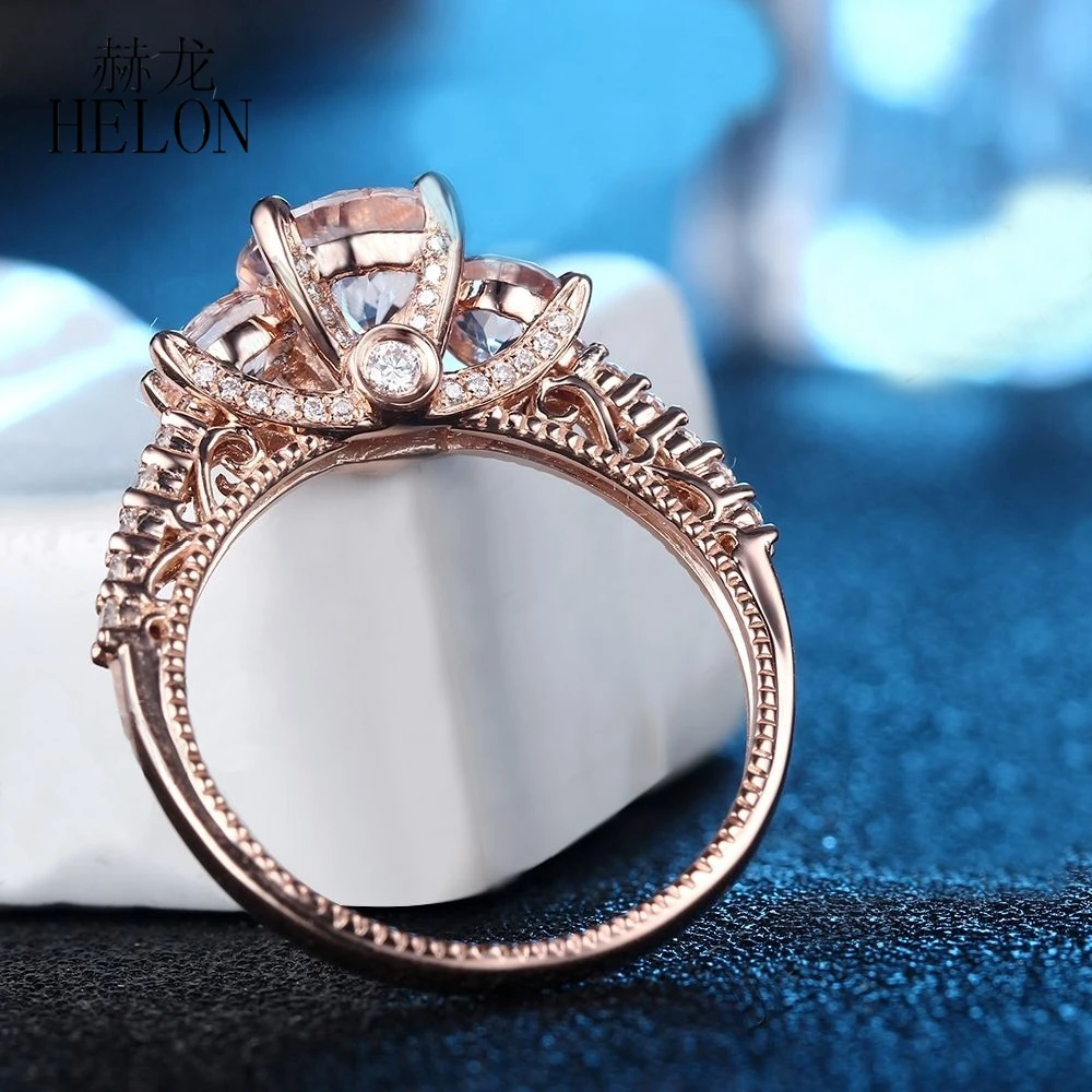 HELON Solid 14k розовое золото 6 мм круглая огранка морганит VS полная огранка натуральный бриллиант обручальное Обручальное женское Ювелирное кольцо с драгоценными камнями