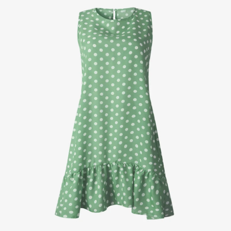 Green Vestidos, сексуальное ДРАПИРОВАННОЕ женское платье, новинка, летнее, без рукавов, повседневное, ТРАПЕЦИЕВИДНОЕ, свободное, в горошек, с принтом, Пляжное, короткое, мини, сарафан - Цвет: Green