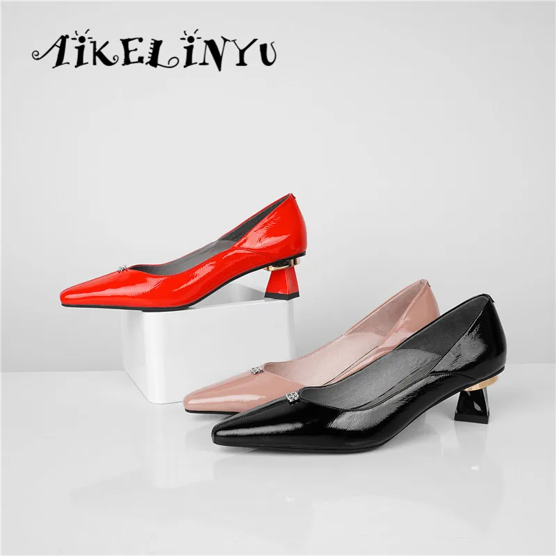 AIKELINYU/весенние туфли-лодочки; туфли из натуральной кожи на квадратном каблуке с острым носком; элегантные офисные женские туфли-лодочки с крахмальным корнем лотоса; женская обувь для вечеринок