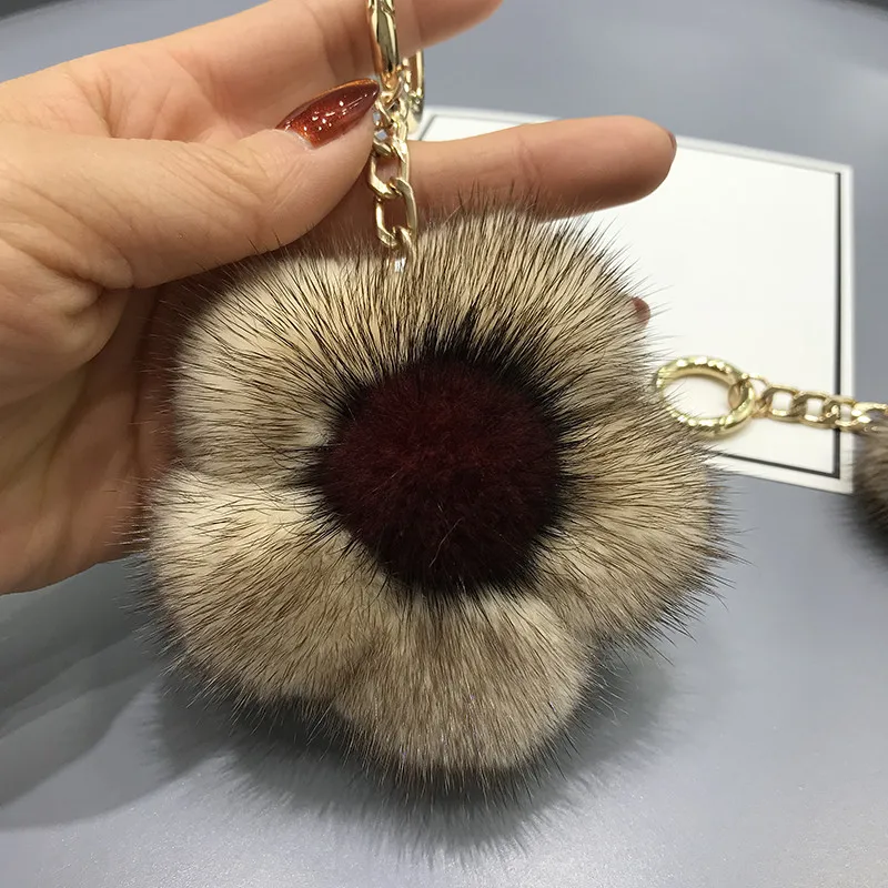 Пушистый брелок из натурального меха норки сумка цветок очаровательный милый