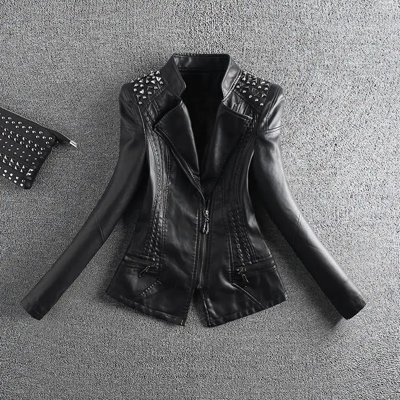 

2019 New Autumn Fashion Women Rivet Moto Fake Leather Jacket Casual Female Slim Biker Faux Leather Coat Suede Outerwear K233