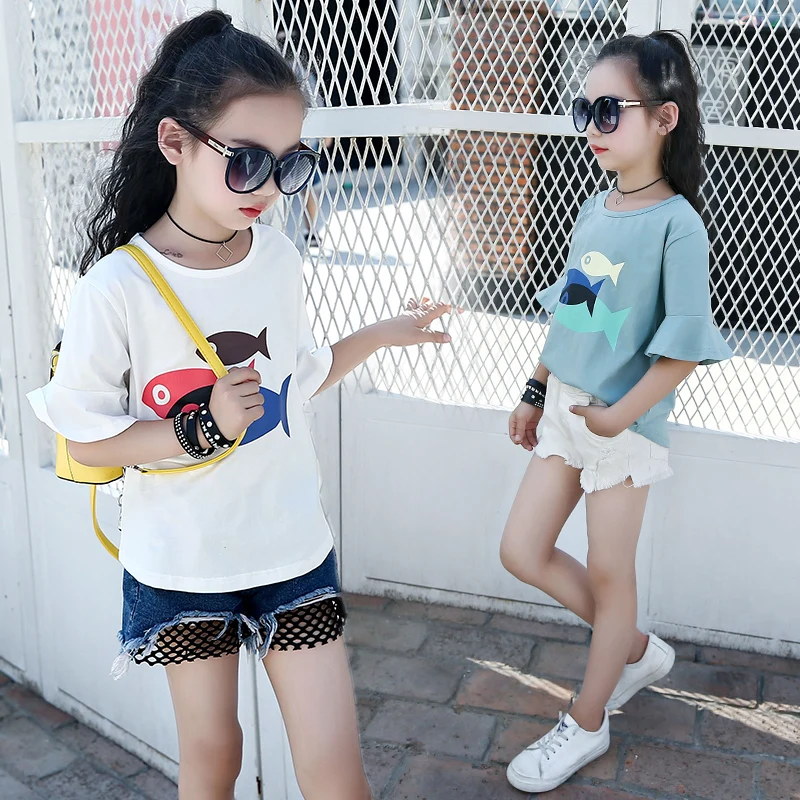 Девушки Тройники Рыба Печатный Топы Детские Летние Футболки Одежда Дети Женский