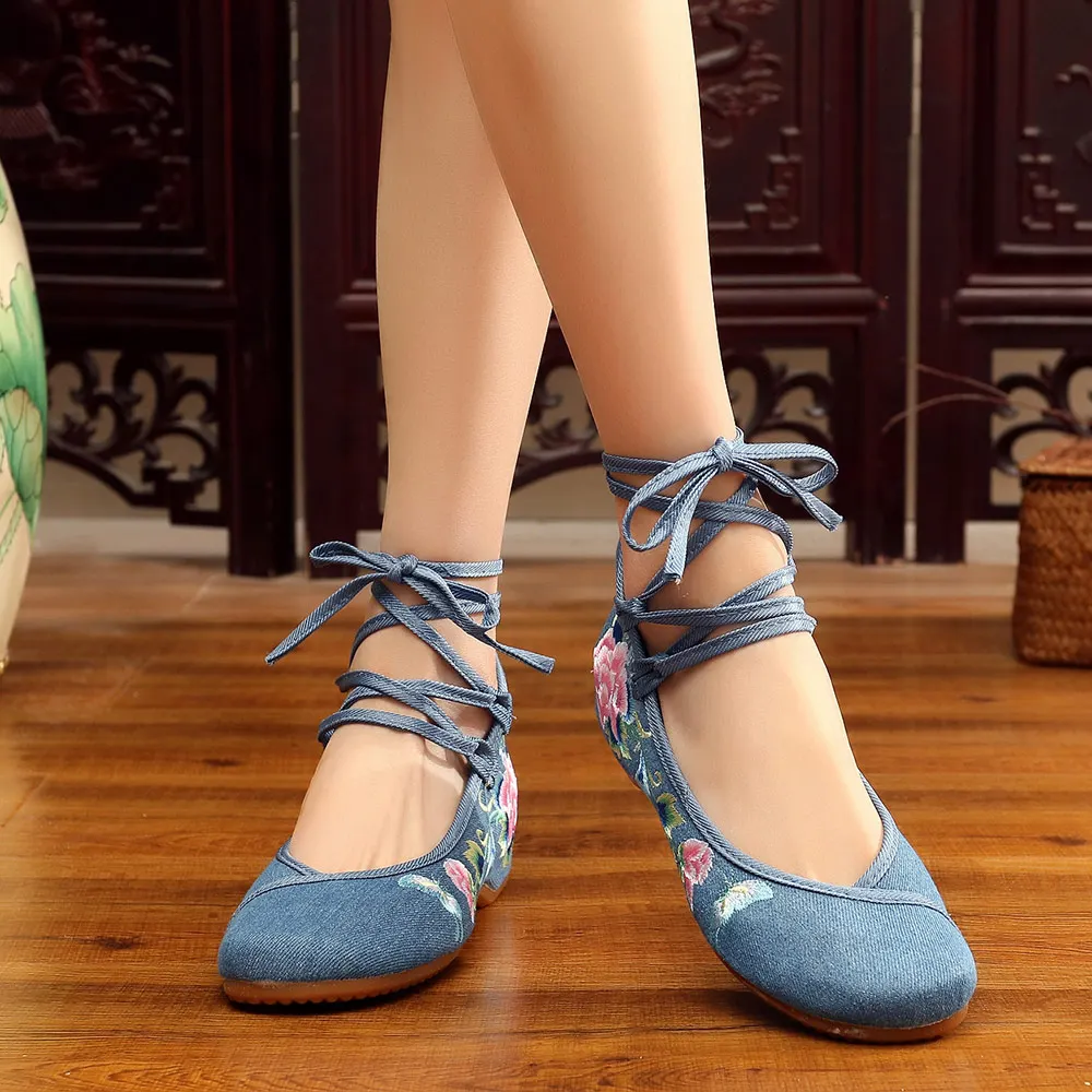 Женские парусиновые балетки Veowalk с китайской вышивкой и ремешком на щиколотке