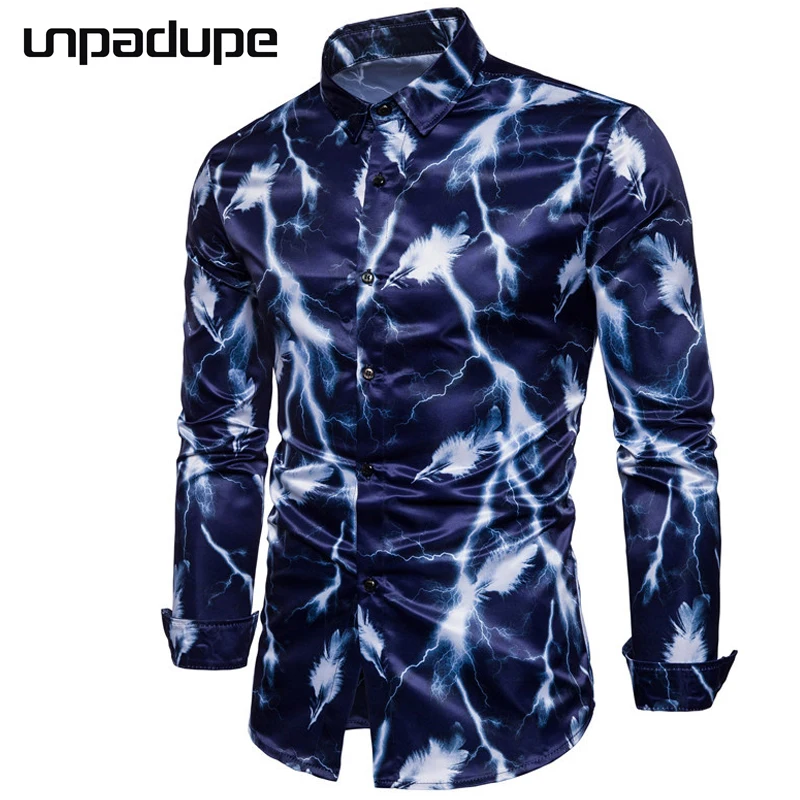 Новая брендовая мужская рубашка 2018 приталенная с длинными рукавами и принтом