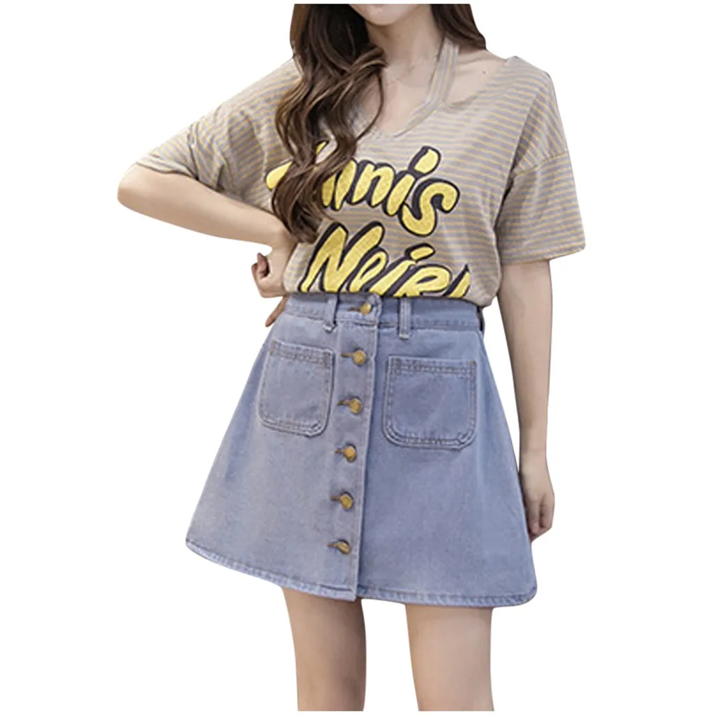 Fashion Women Leisure Denim A-Shaped Skirt Loose Button Pocket Short Skirt
