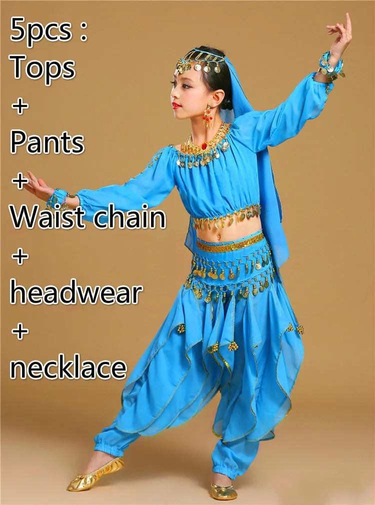 5pcs light blue Новая детская одежда для индийских танцев платье для выступлений танец живота Национальный Болливуд танцевальные костюмы для девочек Одежда для танца живота комплект одежды - Цвет: 5pcs light blue