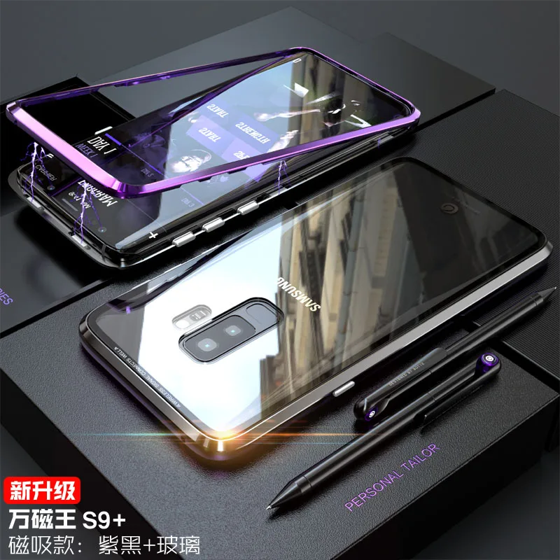 Магнитный металлический бампер для samsung Galaxy S9 Plus, чехол, роскошная прозрачная Задняя стеклянная крышка для samsung Note10 Plus Note9, чехол, оболочка - Цвет: purple black
