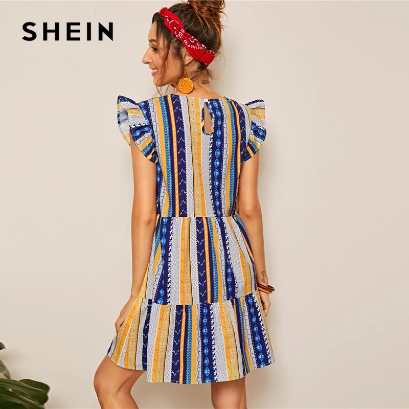 SHEIN, платье с ацтекским принтом и рюшами на пуговицах, платье в стиле бохо без рукавов, этническое платье трапециевидной формы,, женские летние платья с круглым вырезом