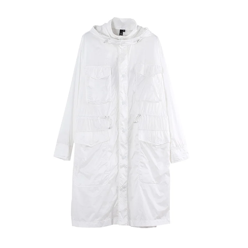 

Toyouth Autumn White Long Pocket Trench Coat Printing Hooded Slim Female Coat Long Sleeve Outwear Abrigos Mujer Overcoat Tops