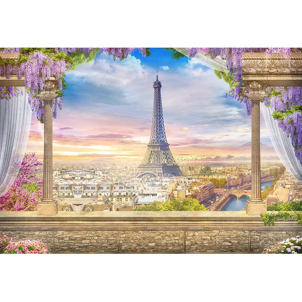 

Фон для свадебной фотосъемки в стиле ретро с изображением замка балкона Парижа города фиолетовые цветы шторы колонны Эйфелева башня фото фоны