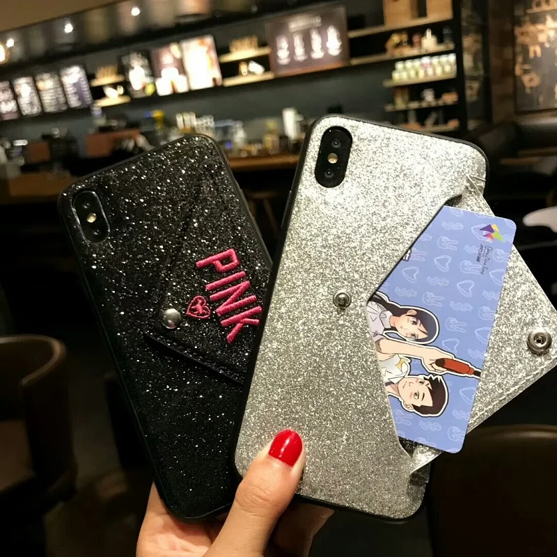 Luxury PINK Brand NEW Glitter Embroidery Leather Fashion Hot Cute Pink Case for iPhone 7 Plus 7+ 8 6 6s X Phone Secret |