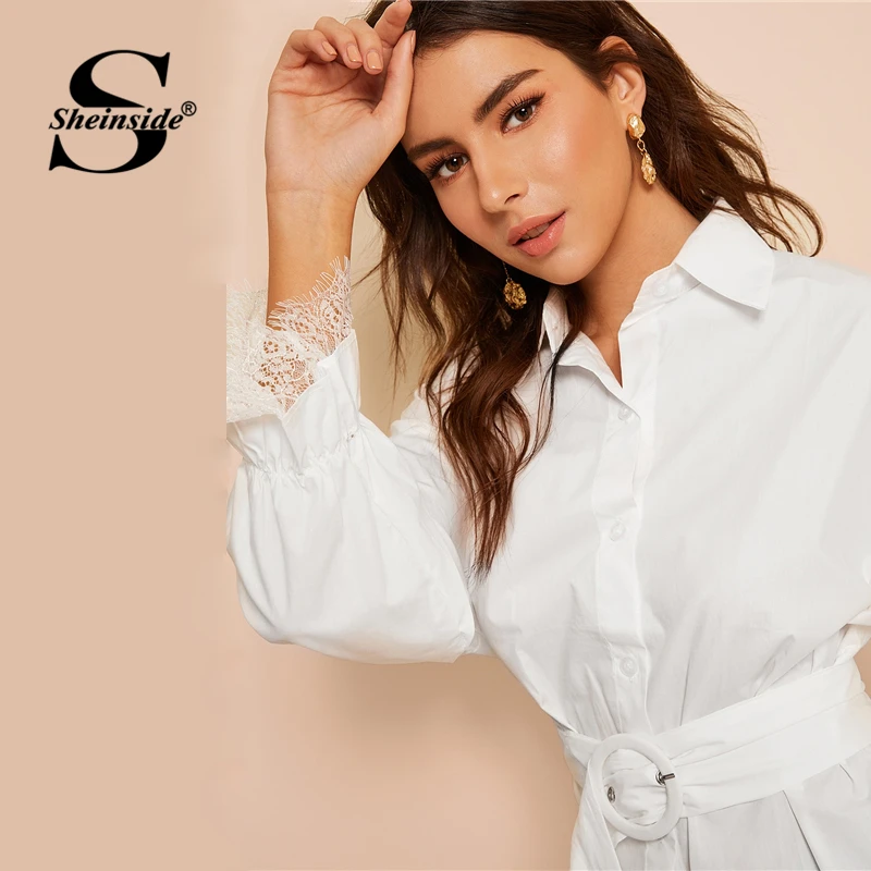 Sheinside белая элегантная Длинная блузка с поясом для женщин контрастный кружевной рукав-Волан блузки Женский однотонный минималистичный Топ