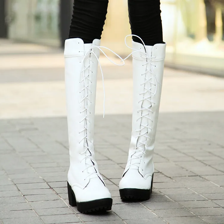 Knee High Boots Black White Chunky Winter Women Cosplay Long Over-the-Knee leather boots women Botas Mujer booties MAZIAO - Color: White