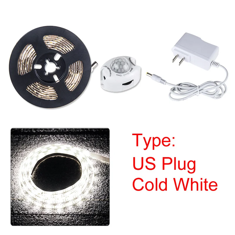 sensor US white 1 м, 2 м, 3 м, 4 м, 5 м, датчик движения, Ночной светильник, водонепроницаемый, SMD2835, Светодиодная лента, гардероб, лестницы, спальня, шкаф, светильник, источник питания - Испускаемый цвет: sensor US white