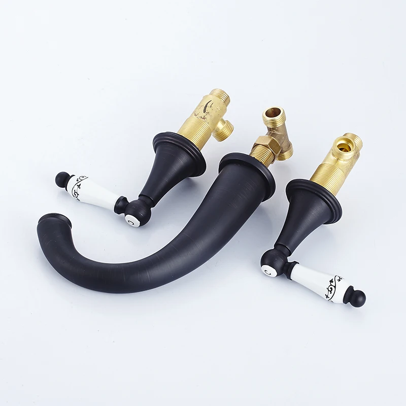 Смеситель для раковины Черный латунь бортике Широкое Ванная комната кран 3 шт.