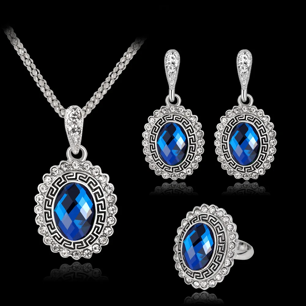 Hot Sale 4 Colors 925 Sterling Silver Jewelry Set Short Chain Charm Pendant Necklace Earring Ring Crystal for Women | Украшения и