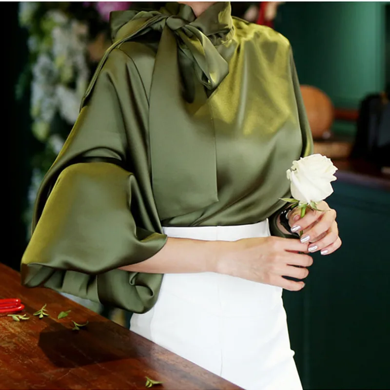 Blusas mujer de moda 2018 осень с воротником стойкой и галстуком бабочкой зеленого цвета в