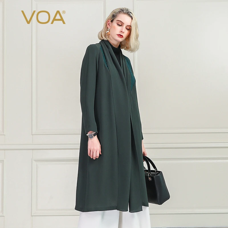 VOA Army Green Trench Coat Women Runway Long Cardigan Heavy Silk Sobretudo Gabardina Windbreaker Duster Ladies Clothes F385 | Женская