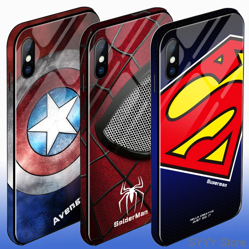 Tempered glass phone case for iPhone XR X XS Max 6 7 8 Plus Colored edge Marvel Angry Embossed Captain America Iron Man Heroes |