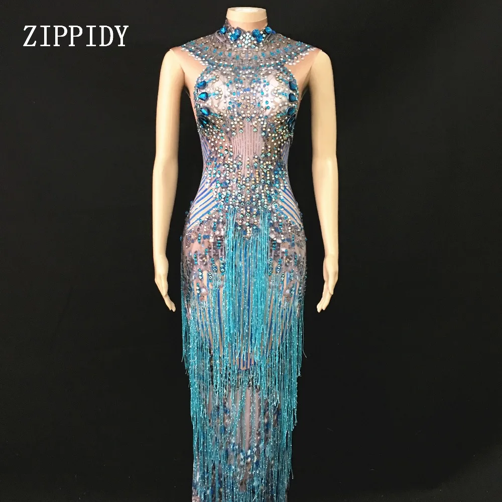 

Fashion Blue Fringes Dress Singer Performance Tassels Dresses Party Celebrate Glisten Rhinestones Costume Sleeveless Long Dress