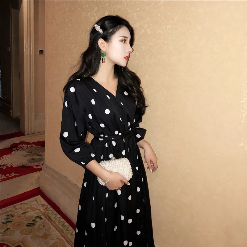 Женское платье в горошек с V образным вырезом|Женские платья| |