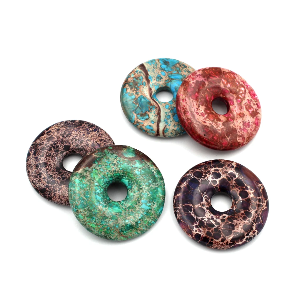 

1x Men Women Natural Sea Sediment Stone & Pyrite Donut Pendant Bead for Necklace 50x8mm