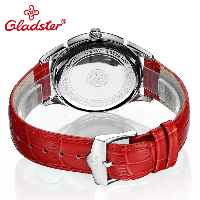 Женские наручные часы Gladster красные черные кожаные кварцевые с сапфировым