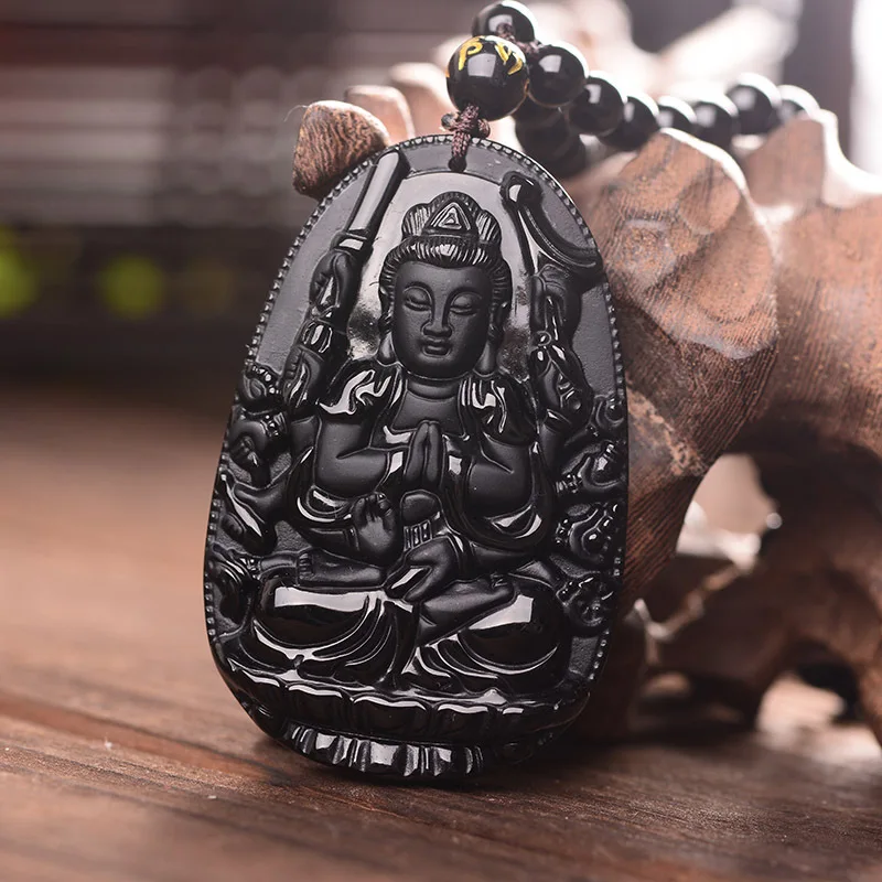 Кулон в виде Будды Avalokitesvara Bodhisattva черный обсидиана резное ожерелье с амулетом