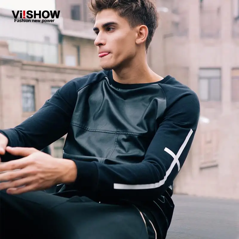 VIISHOW толстовки для мужчин свитер пуловер худи с кожаными вставками хип хоп