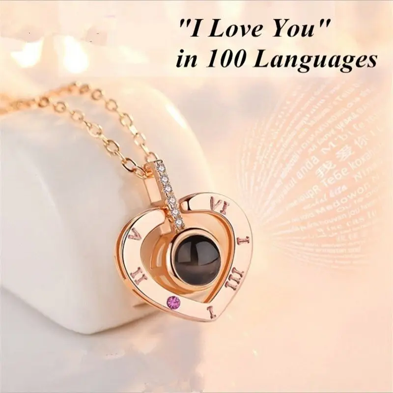 Ожерелье с подвеской с 100 языками I love you Проецирование розовое золото и серебро воспоминания о романтической любви свадебное ожерелье