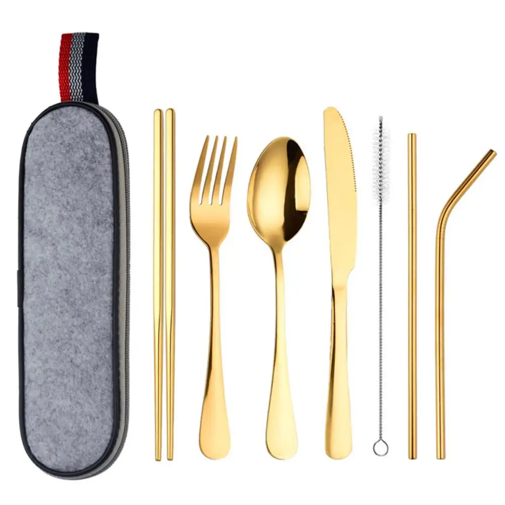 8Pcs Portable Flatware Stainless steel Spoon Chopsticks Cleaning Brush Set Silverware Travel Utensils Set with Case Straw