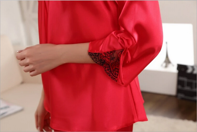 Новое поступление женщин шелковый шнурок три четверти рукав брюки пижамы