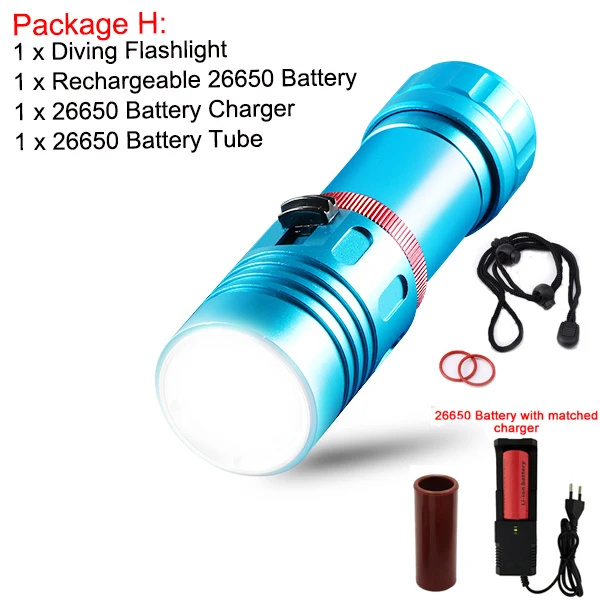Package H Подводный фонарь L2 для дайвинга, профессиональный фонарь, 200 м, для подводного плавания, Диви, кемпинга, бесступенчатая, с затемнением, 18650 или 26650 - Испускаемый цвет: Package H