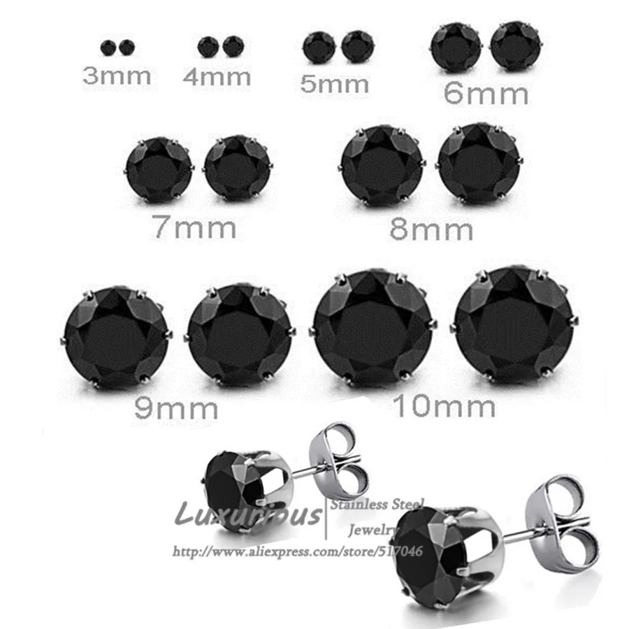 Люксукискидс 3ММ-10ММ 10 пар/лот Бриллиантовые круглые чёрные серьги с кубическим цирконием из нержавеющей стали для малого бизнеса.