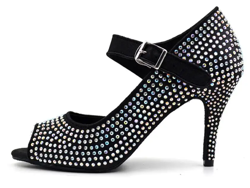 black heel 8.5cm Женская танцевальная обувь джаз обувь сандалии бальные туфли для женщин Стразы черный бронзовый Профессиональная Обувь для танцев IDancing - Цвет: black heel 8.5cm