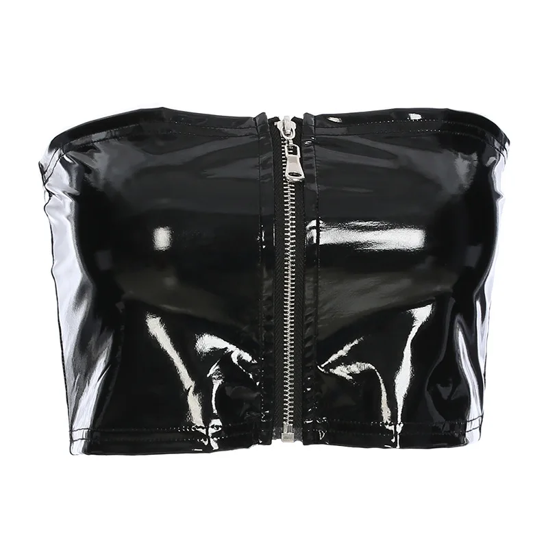 XUANSHOW Summer Tops for Women 2018 Streetwear Black PU Leather Zipper Strapless Crop Stretch Wrap Tank Top Tee Cropped Feminino | Женская