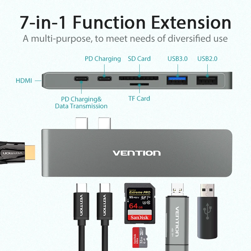 Адаптер Vention USB C с двумя портами type-C-HDMI 4K USB 3,0 SD/TF PD Thunderbolt 3 для MacBook Pro Air / type-C