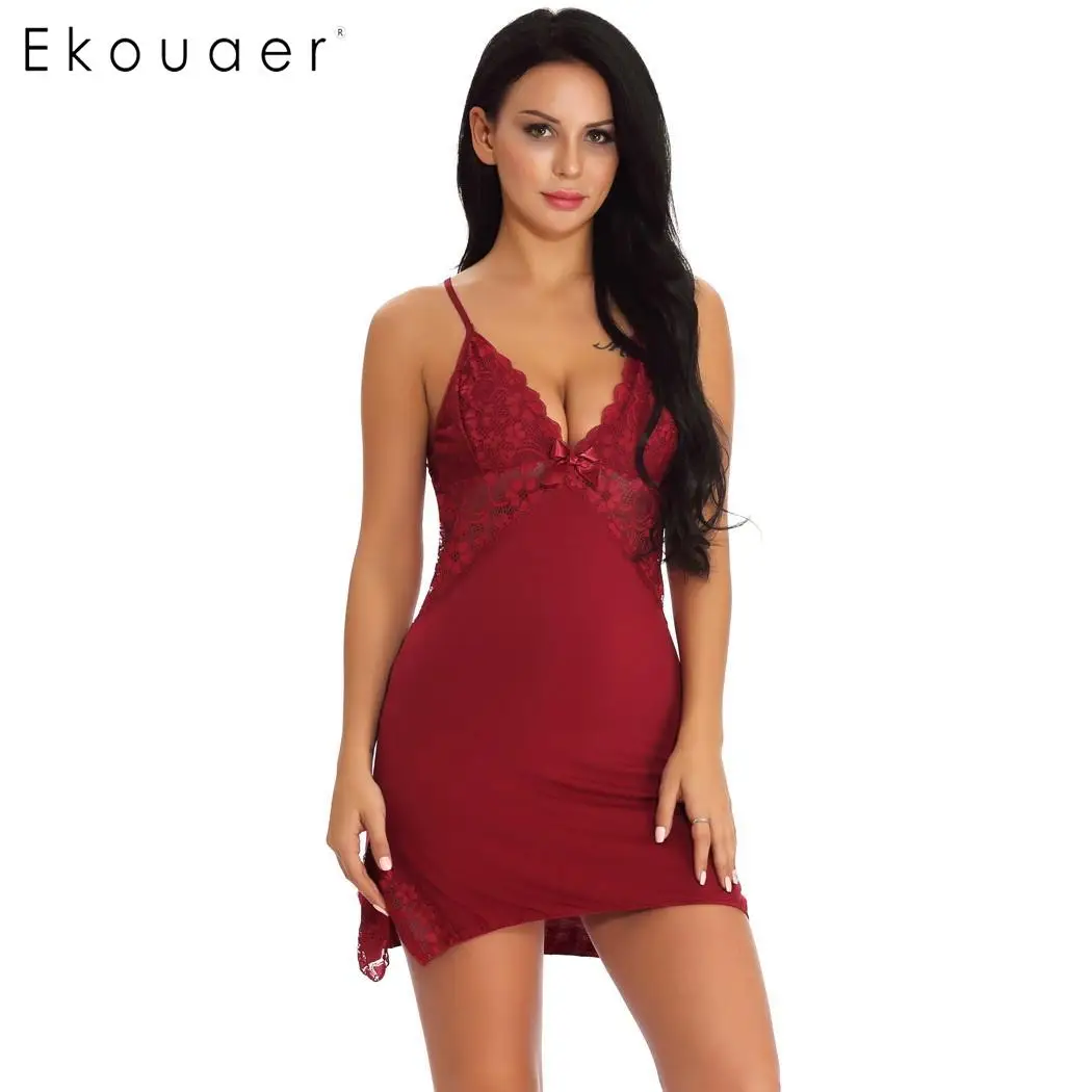 Wine Red Ekouaer женское сексуальное нижнее белье, пижамы с бретельками, кружевное Цветочное платье, женская ночная рубашка с открытой спиной, ночные рубашки, Прямая поставка - Цвет: Wine Red