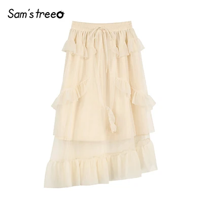 Beige Samstree женская летняя фатиновая многослойная юбка трапециевидной формы, винтажная юбка принцессы с эластичной талией для женщин, плиссированные Лоскутные юбки до середины икры - Цвет: Beige