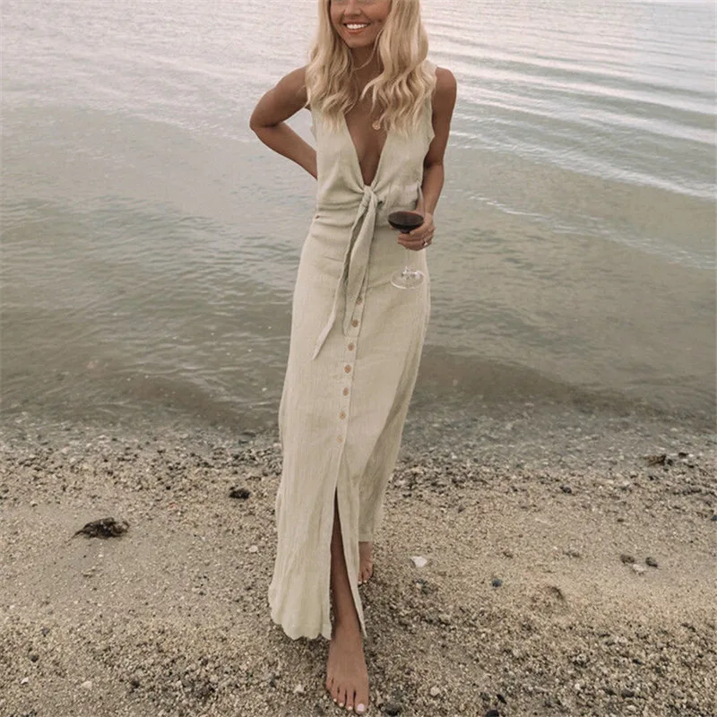 Летнее женское облегающее платье в стиле бохо с карманами соблазнительное