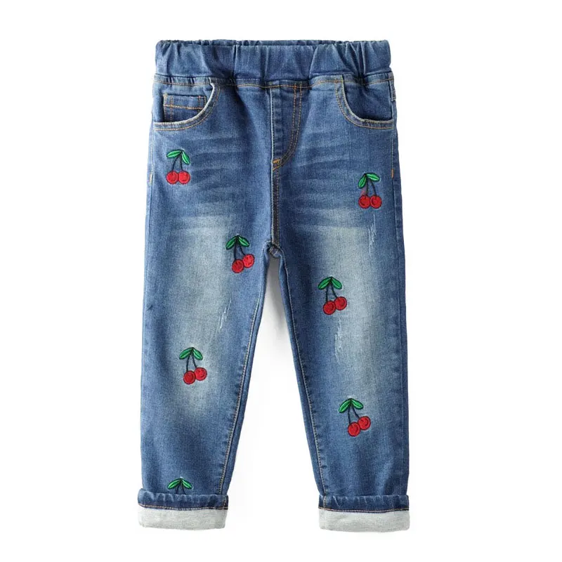 Blue Jeans For Girls Теплые зимние джинсы с хлопковой подкладкой для маленьких девочек, длинные джинсовые штаны с вышивкой вишни, детские брюки, леггинсы - Цвет: Blue Jeans For Girls