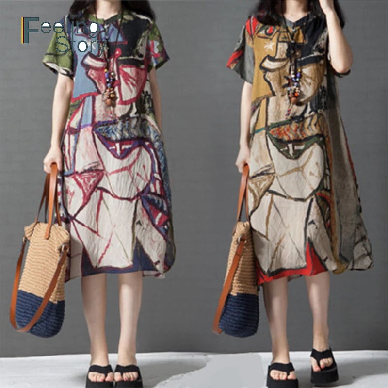 Женское свободное льняное платье Boho летнее повседневное пляжное с коротким