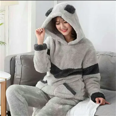 gray Осенне-зимние женские пижамные комплекты, пижамы, костюм для сна, Толстая теплая фланелевая ночная рубашка кораллового цвета, Женская пижама с мультяшными животными - Цвет: gray