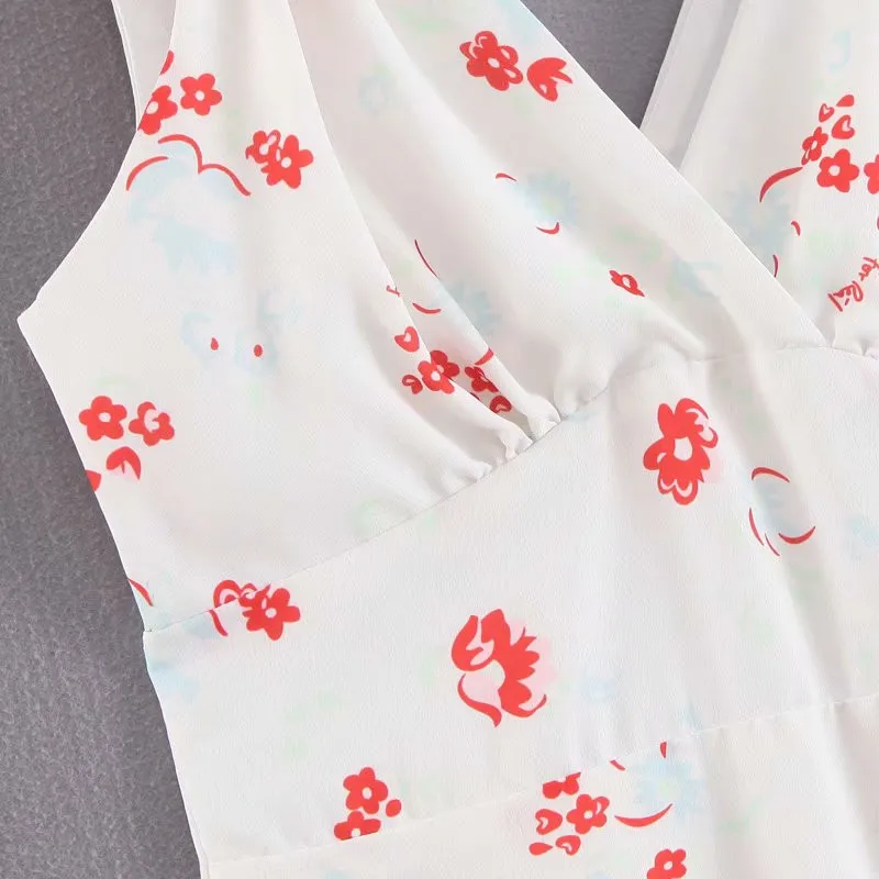 Bazaleas Vintage V Neck women dress white floral print vestidos Ankle length waisted slip summer Dress drop shipping | Женская одежда