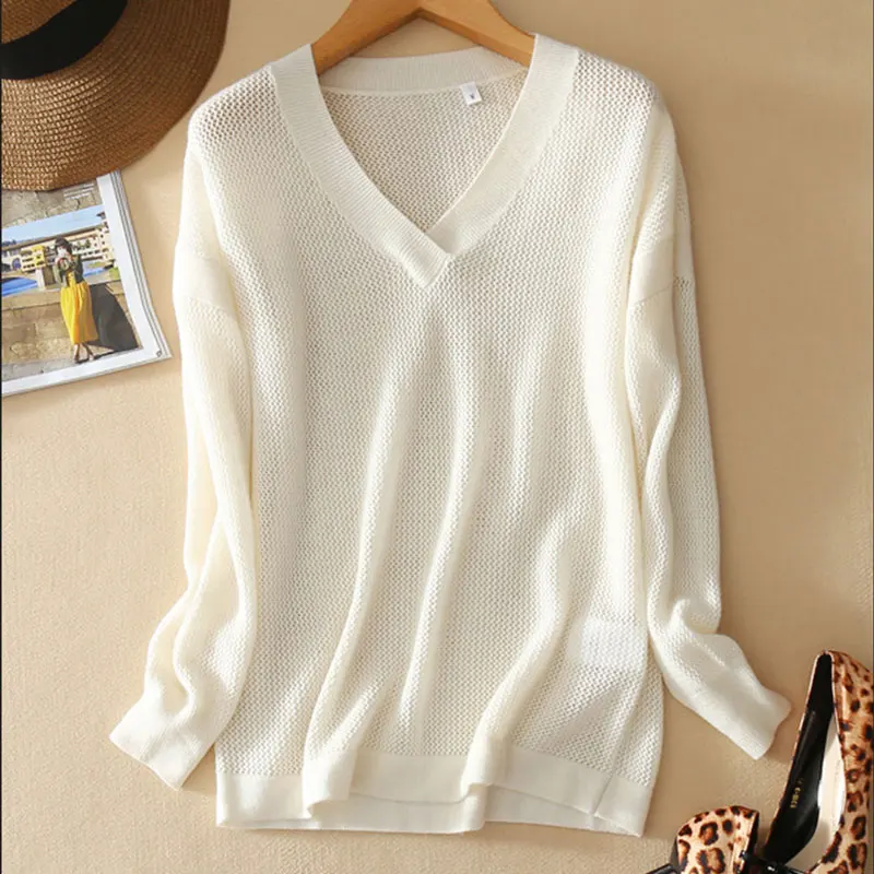 Женский кашемировый свитер Белый пуловер с v-образным вырезом и длинными