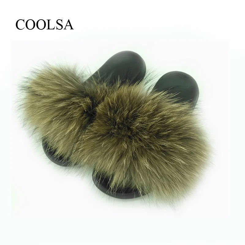 Raccoon Fur COOLSA/женские шлепанцы из натурального Лисьего меха; женские летние домашние меховые тапочки; женские нескользящие теплые меховые плюшевые шлепанцы; Прямая - Цвет: Raccoon Fur