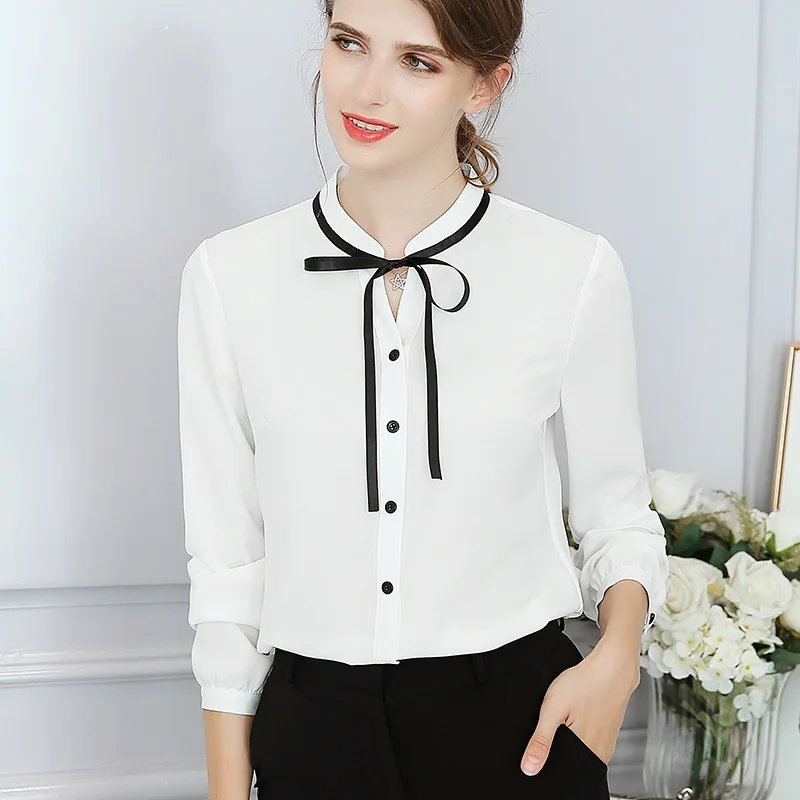 

Fashion Spring Summer Blouse XXL Long Sleeve White Pink Shirt Bow Slim Elegant Lady Bodycon Chiffon Blouses Joker Tops Female