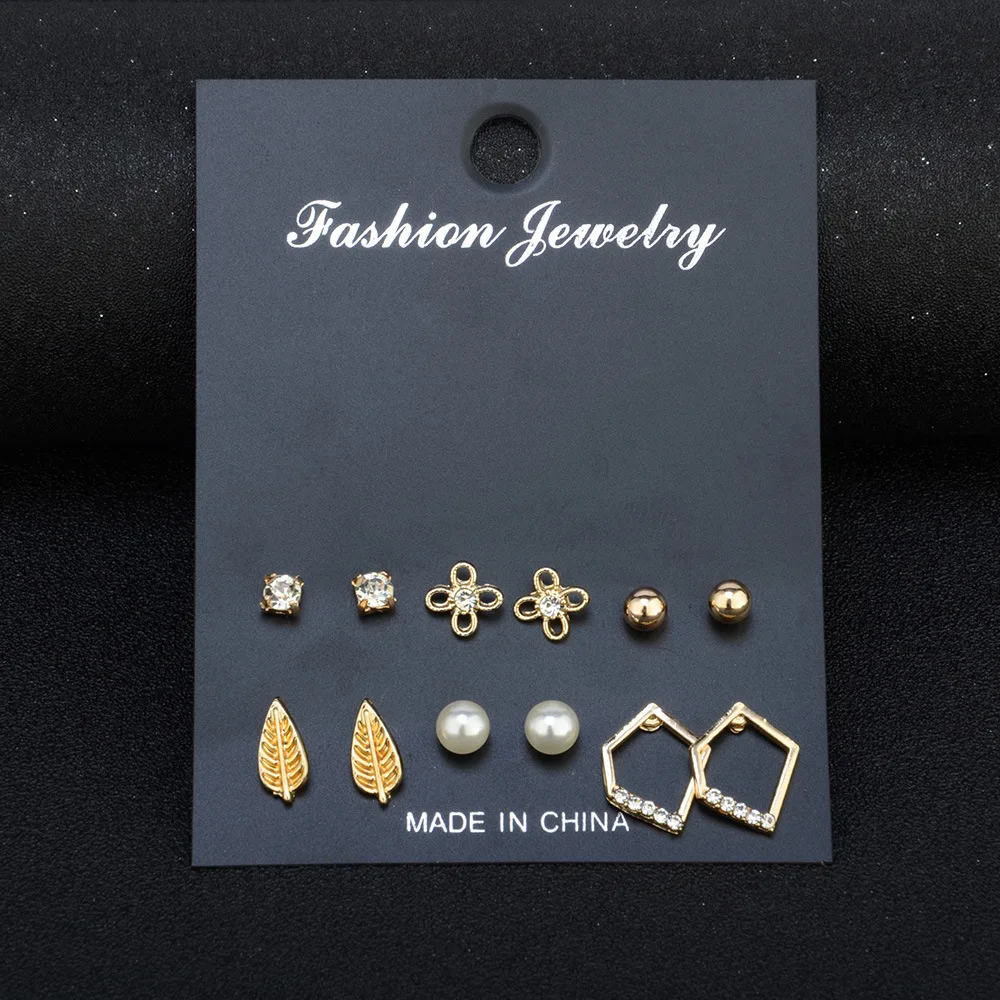 Серьги с кристаллами в виде листьев золотого цвета 6 пар/компл. сплав цветок