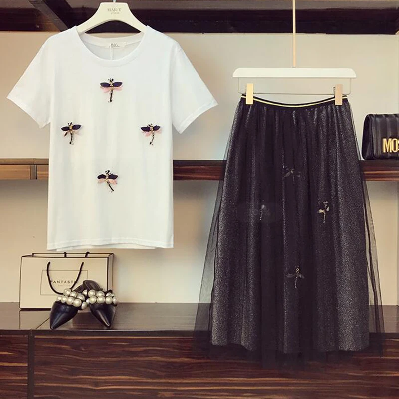Высокое качество Комплект из 2 предметов новые летние бисер футболки с юбками