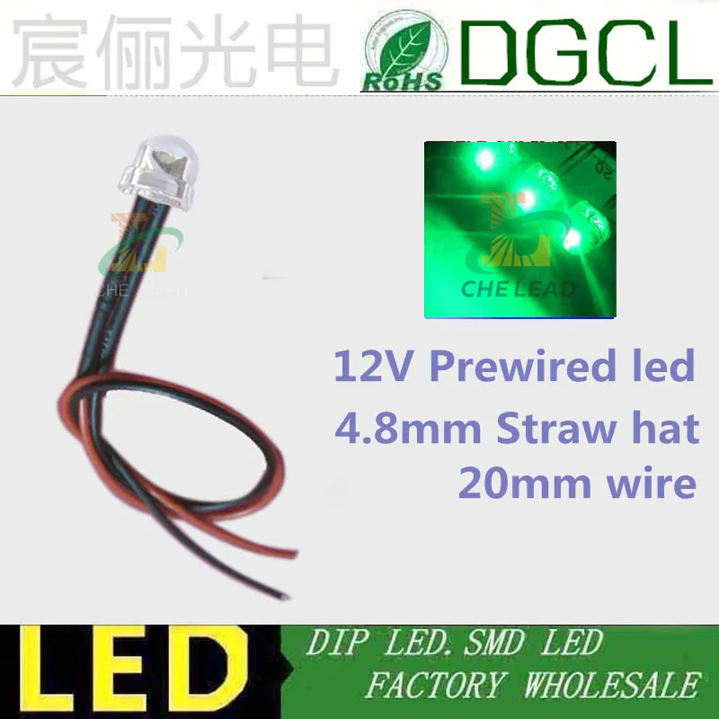 100 шт. 4,8 мм DC12V/24 V Предварительно проводной светодиодный рассеянный красный/зеленый/синий/желтый/белый 5 мм соломенная шляпа светодиодный 20 см DIP СВЕТОДИОДНЫЙ индикатор предварительно смонтированный светодиодный